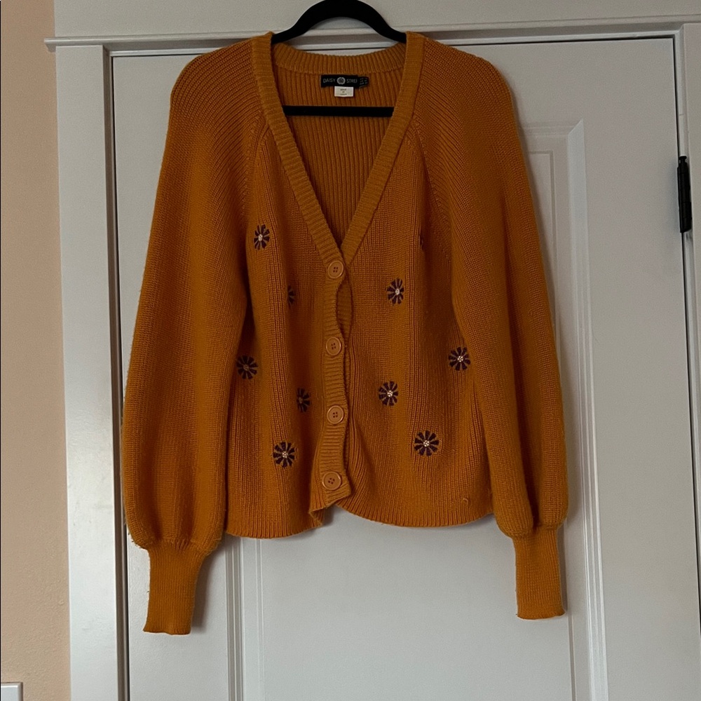 Daisy Street Orange Cardigan Sweater with Floral Design